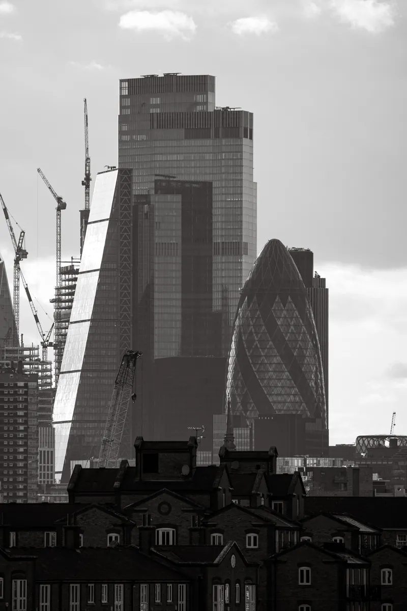 Skyscrapers in the City of London in black and white