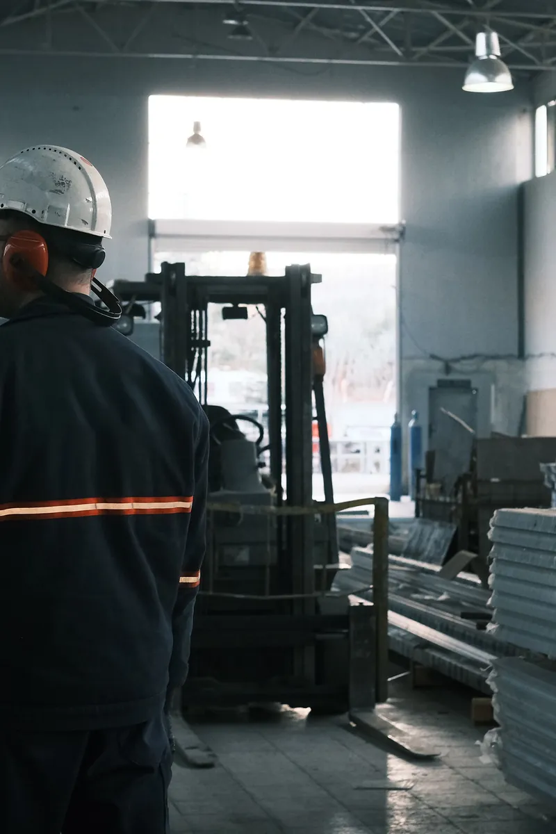A worker beside a forklift in a warehouse