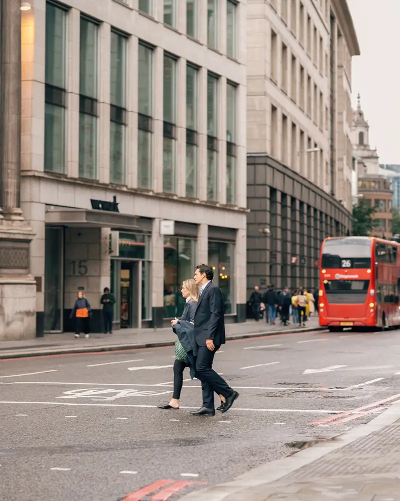A London street with a red double-decker bus